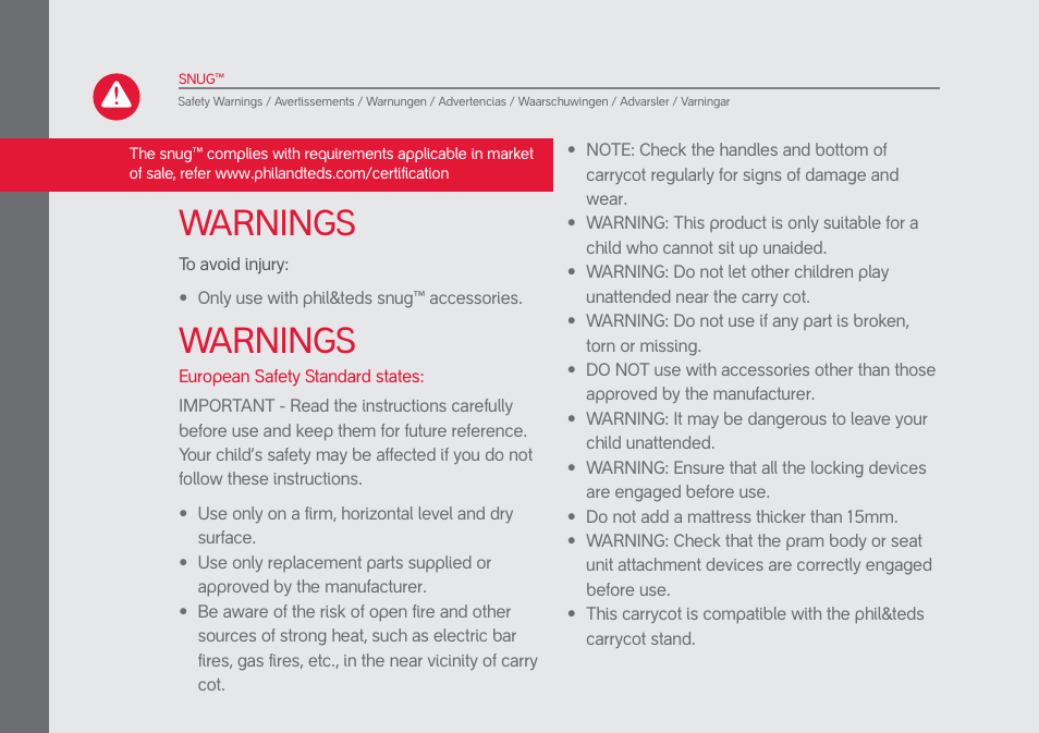 Warnings | phil&teds snug User Manual | Page 6 / 30