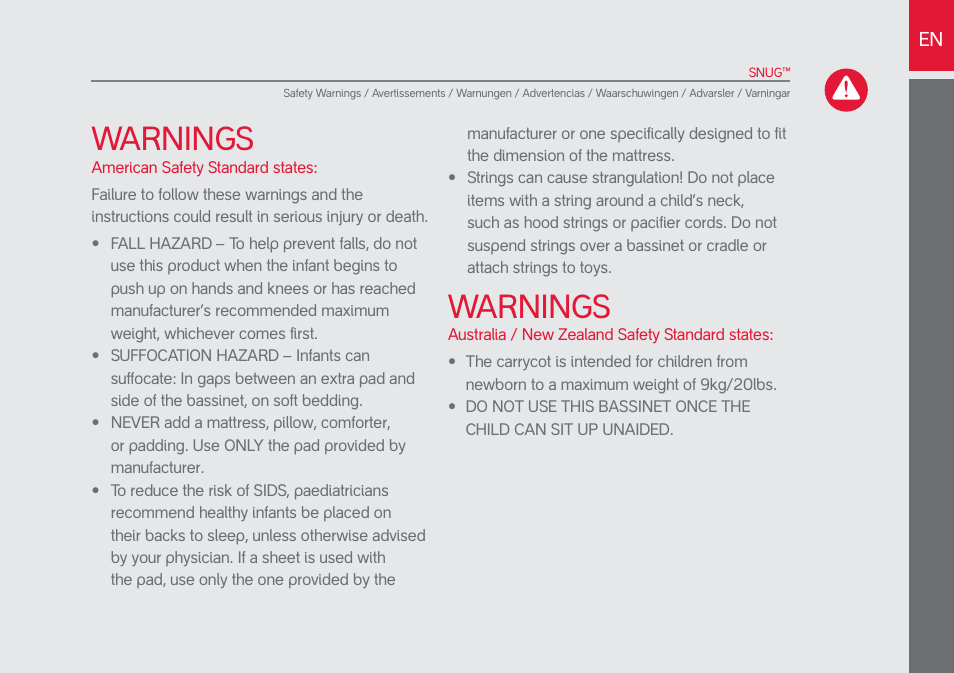 Warnings | phil&teds snug User Manual | Page 7 / 30