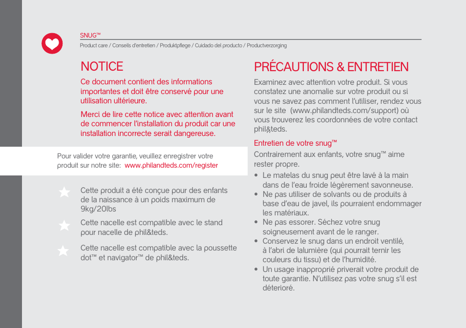 Précautions & entretien, Notice | phil&teds snug User Manual | Page 8 / 30