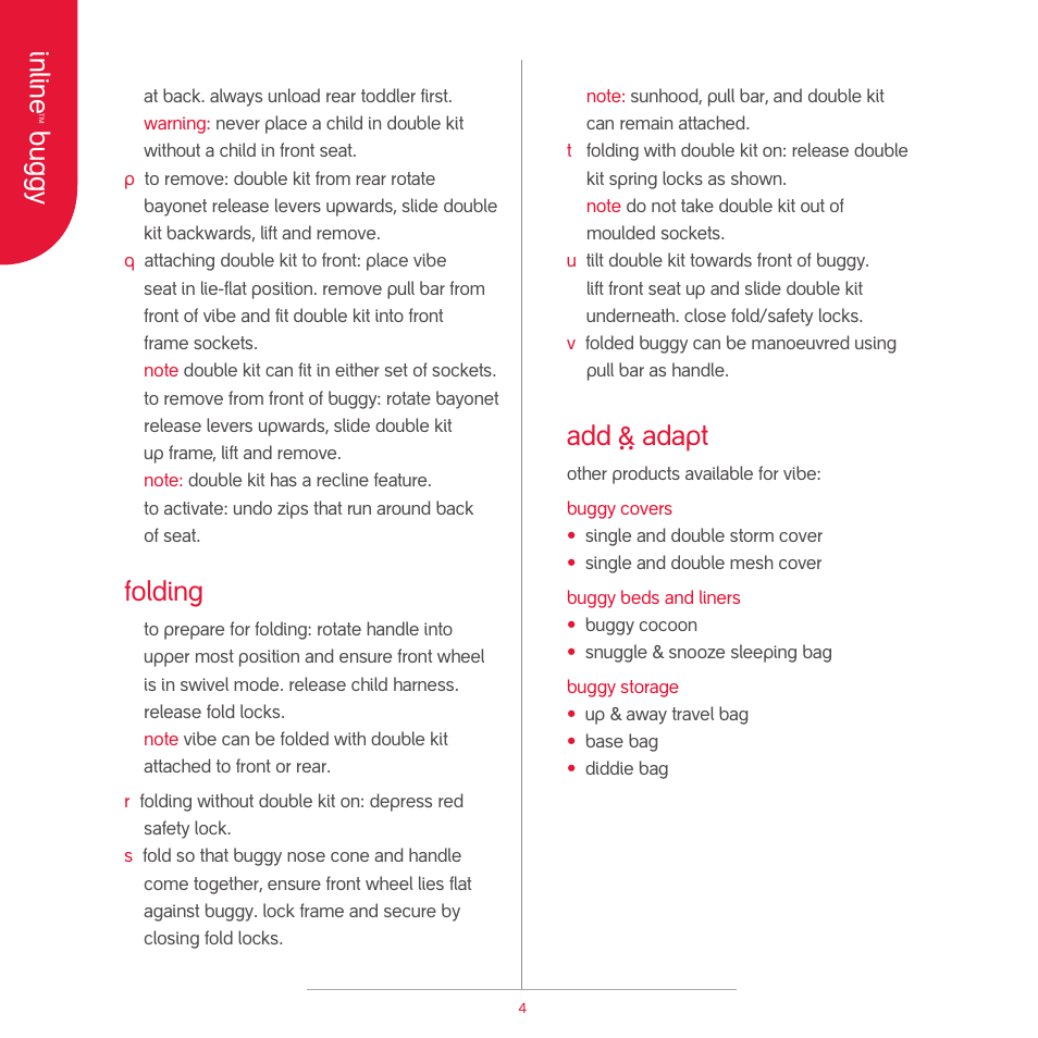 Inline, Buggy, Folding | Add ` adapt | phil&teds vibe 2 User Manual | Page 9 / 19