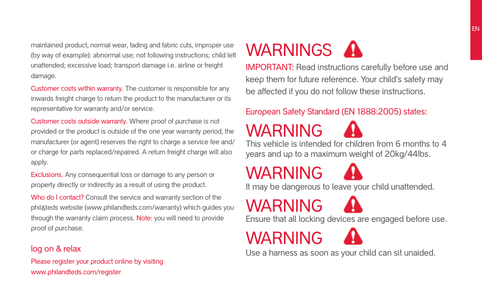 Warnings, Warning | phil&teds smart (pre-2013) User Manual | Page 12 / 49