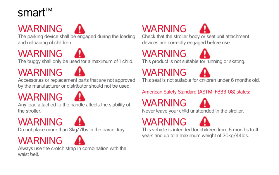 Smart, Warning | phil&teds smart (pre-2013) User Manual | Page 13 / 49