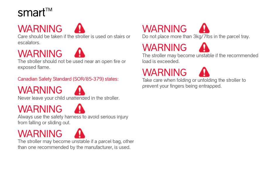 Smart, Warning | phil&teds smart (pre-2013) User Manual | Page 15 / 49