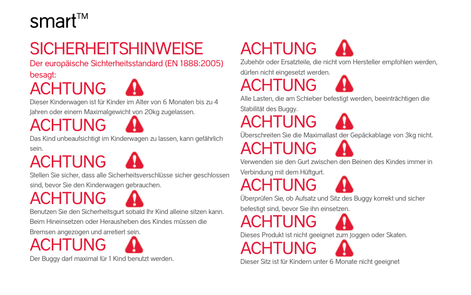 Smart, Sicherheitshinweise, Achtung | phil&teds smart (pre-2013) User Manual | Page 29 / 49