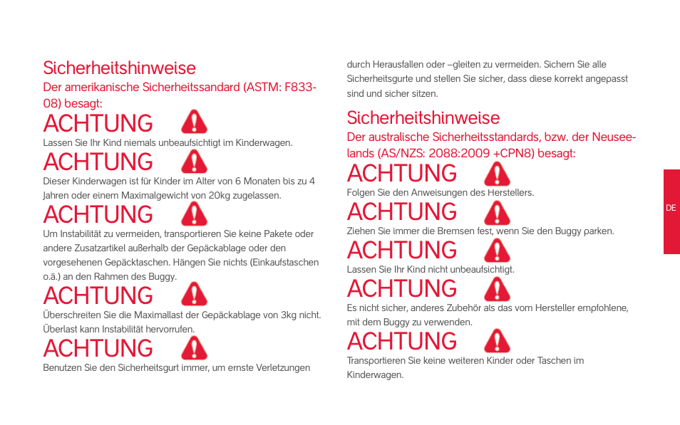 Achtung, Sicherheitshinweise | phil&teds smart (pre-2013) User Manual | Page 30 / 49