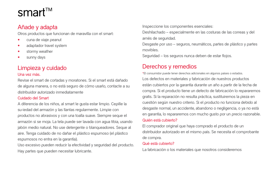 Smart, Añade y adapta, Limpieza y cuidado | Derechos y remedios | phil&teds smart (pre-2013) User Manual | Page 35 / 49