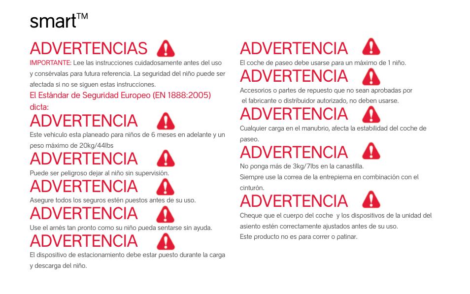 Smart, Advertencias, Advertencia | phil&teds smart (pre-2013) User Manual | Page 37 / 49