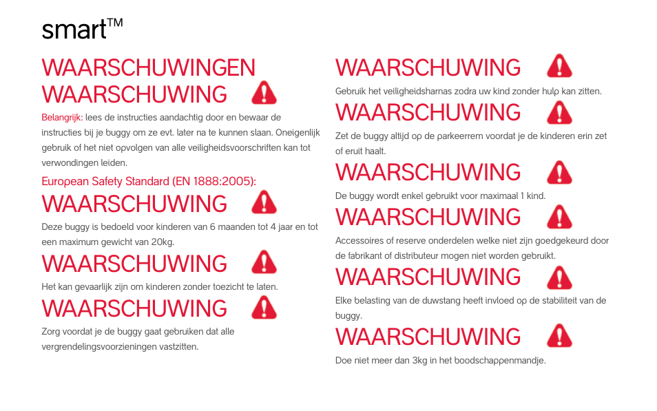 Smart, Waarschuwingen waarschuwing, Waarschuwing | phil&teds smart (pre-2013) User Manual | Page 45 / 49