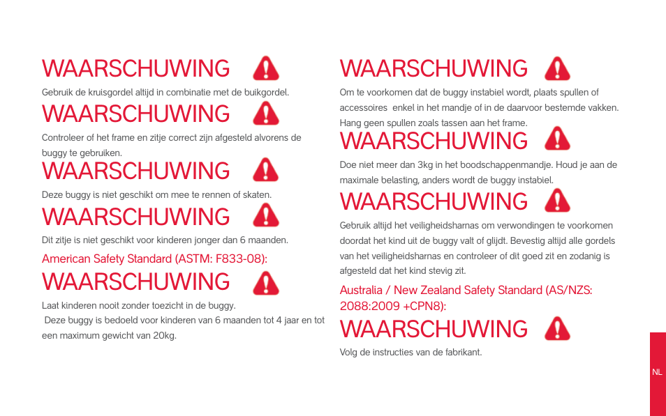 Waarschuwing | phil&teds smart (pre-2013) User Manual | Page 46 / 49