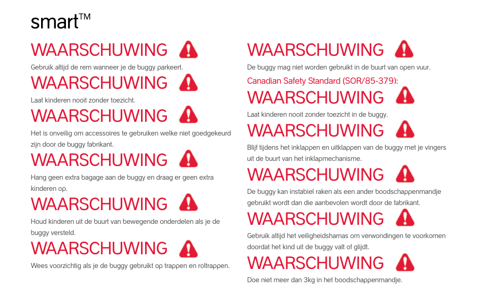 Smart, Waarschuwing | phil&teds smart (pre-2013) User Manual | Page 47 / 49