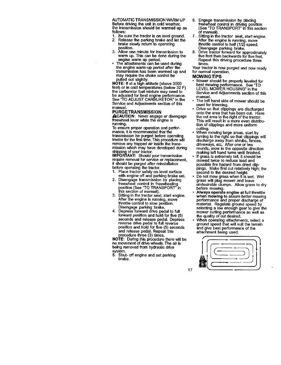Purgetransmisston, Mowing tips | Craftsman 917.272240 User Manual | Page 17 / 64