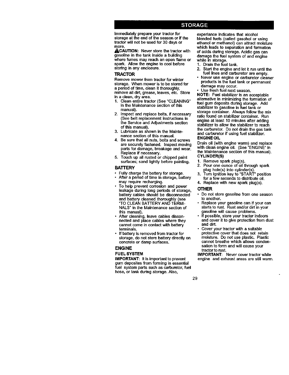 Storage, Tractor, Battery | Engine | Craftsman 917.272240 User Manual | Page 29 / 64