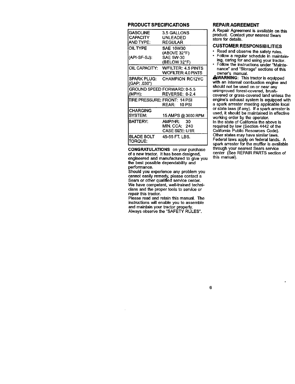Product specifications, Repair agreement, Customer responsibilities | Craftsman 917.272240 User Manual | Page 6 / 64