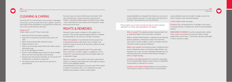 Cleaning & caring, Rights & remedies | phil&teds S3 - USA User Manual | Page 4 / 15