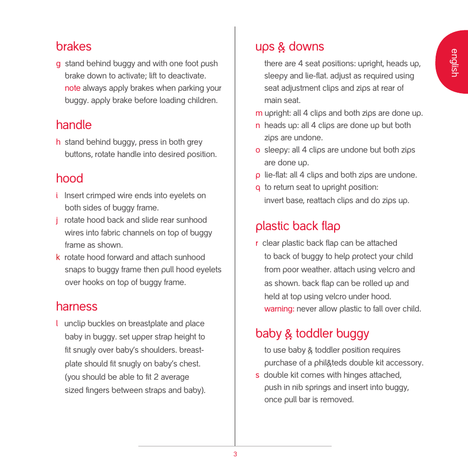 Brakes, Handle, Hood | Harness, Ups ` downs, Plastic back flap, Baby ` toddler buggy | phil&teds sport v2 User Manual | Page 8 / 13