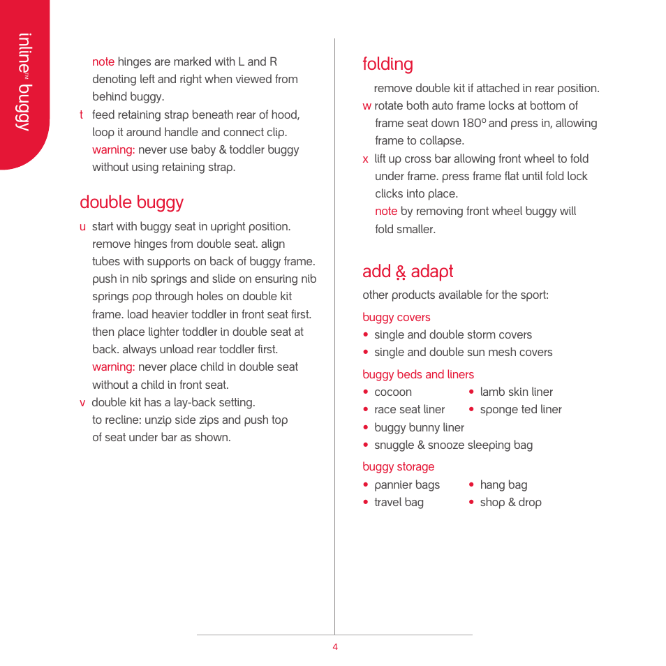 Inline, Buggy, Double buggy | Folding, Add ` adapt | phil&teds sport v2 User Manual | Page 9 / 13