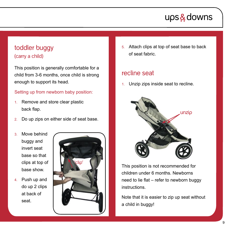 Ups ` downs, Toddler buggy, Recline seat | phil&teds e3 buggy User Manual | Page 11 / 24