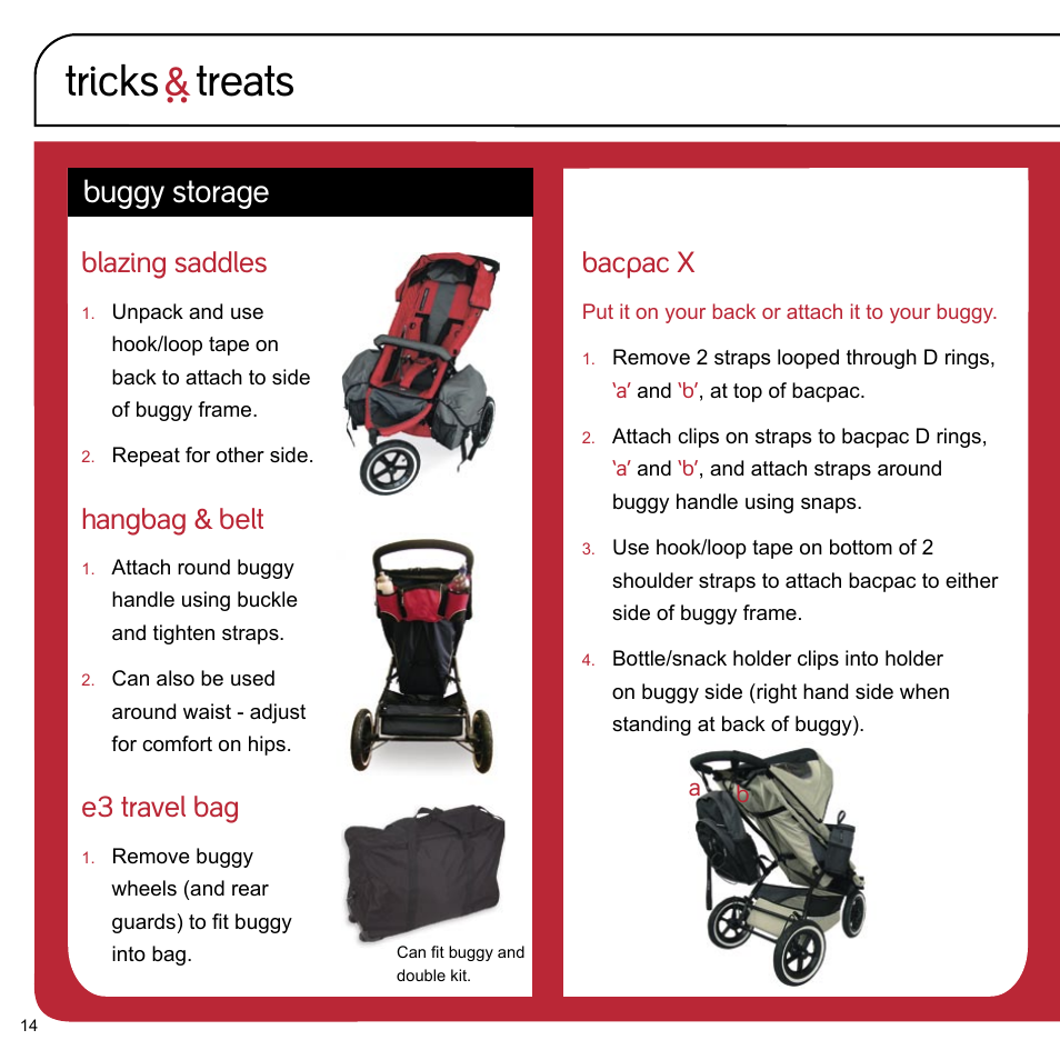 Tricks ` treats, Buggy storage, Blazing saddles | Hangbag & belt, E3 travel bag, Bacpac x | phil&teds e3 buggy User Manual | Page 16 / 24