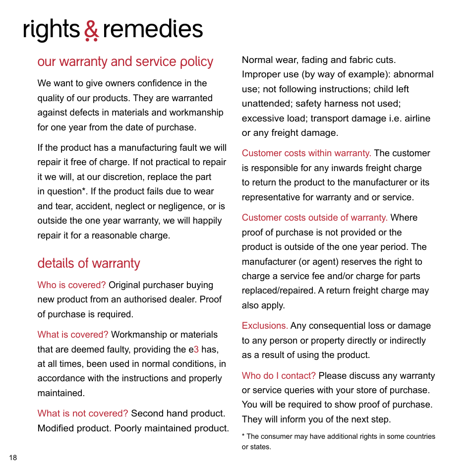 Rights ` remedies, Our warranty and service policy, Details of warranty | phil&teds e3 buggy User Manual | Page 20 / 24
