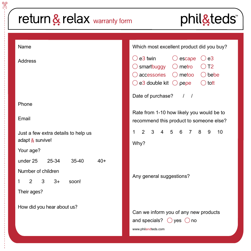 Return ` relax, Warranty form | phil&teds e3 buggy User Manual | Page 21 / 24