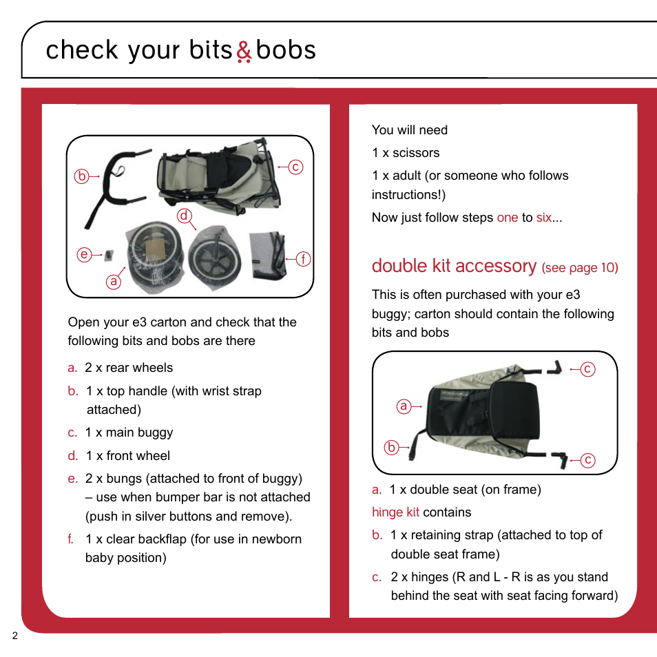 Check your bits ` bobs, Double kit accessory | phil&teds e3 buggy User Manual | Page 4 / 24