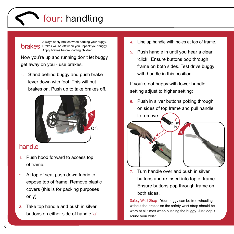 Four: handling, Handle, Brakes | phil&teds e3 buggy User Manual | Page 8 / 24