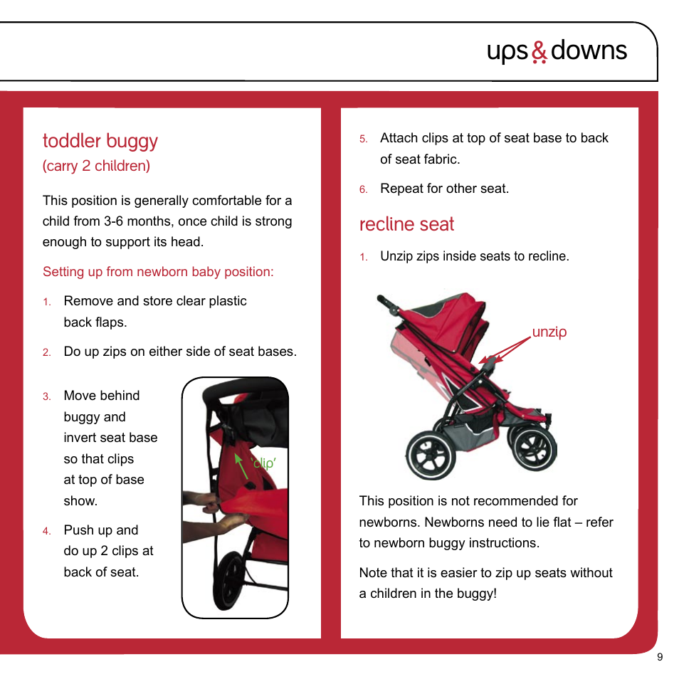 Ups ` downs, Toddler buggy, Recline seat | phil&teds e3 twin buggy User Manual | Page 11 / 20