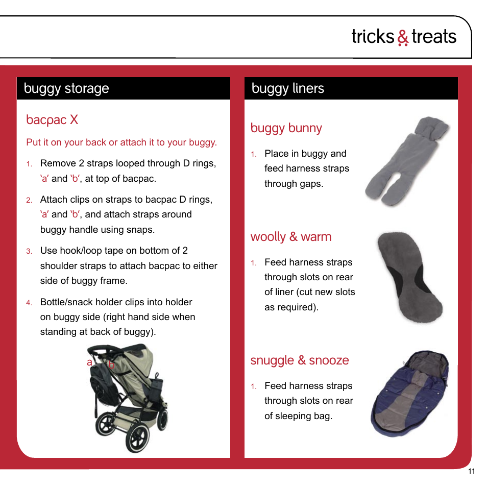 Tricks ` treats, Buggy storage, Buggy liners | Bacpac x, Buggy bunny, Woolly & warm, Snuggle & snooze | phil&teds e3 twin buggy User Manual | Page 13 / 20