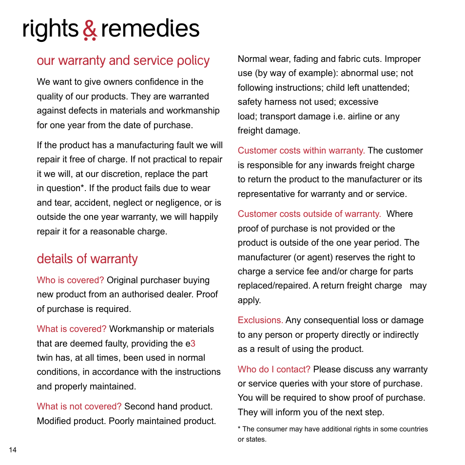 Rights ` remedies, Our warranty and service policy, Details of warranty | phil&teds e3 twin buggy User Manual | Page 16 / 20