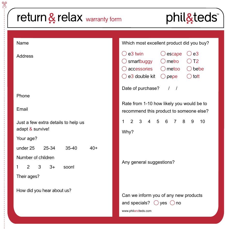 Return ` relax, Warranty form | phil&teds e3 twin buggy User Manual | Page 17 / 20