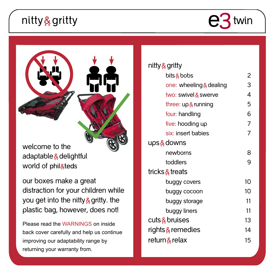 Nitty, Gritty twin | phil&teds e3 twin buggy User Manual | Page 3 / 20