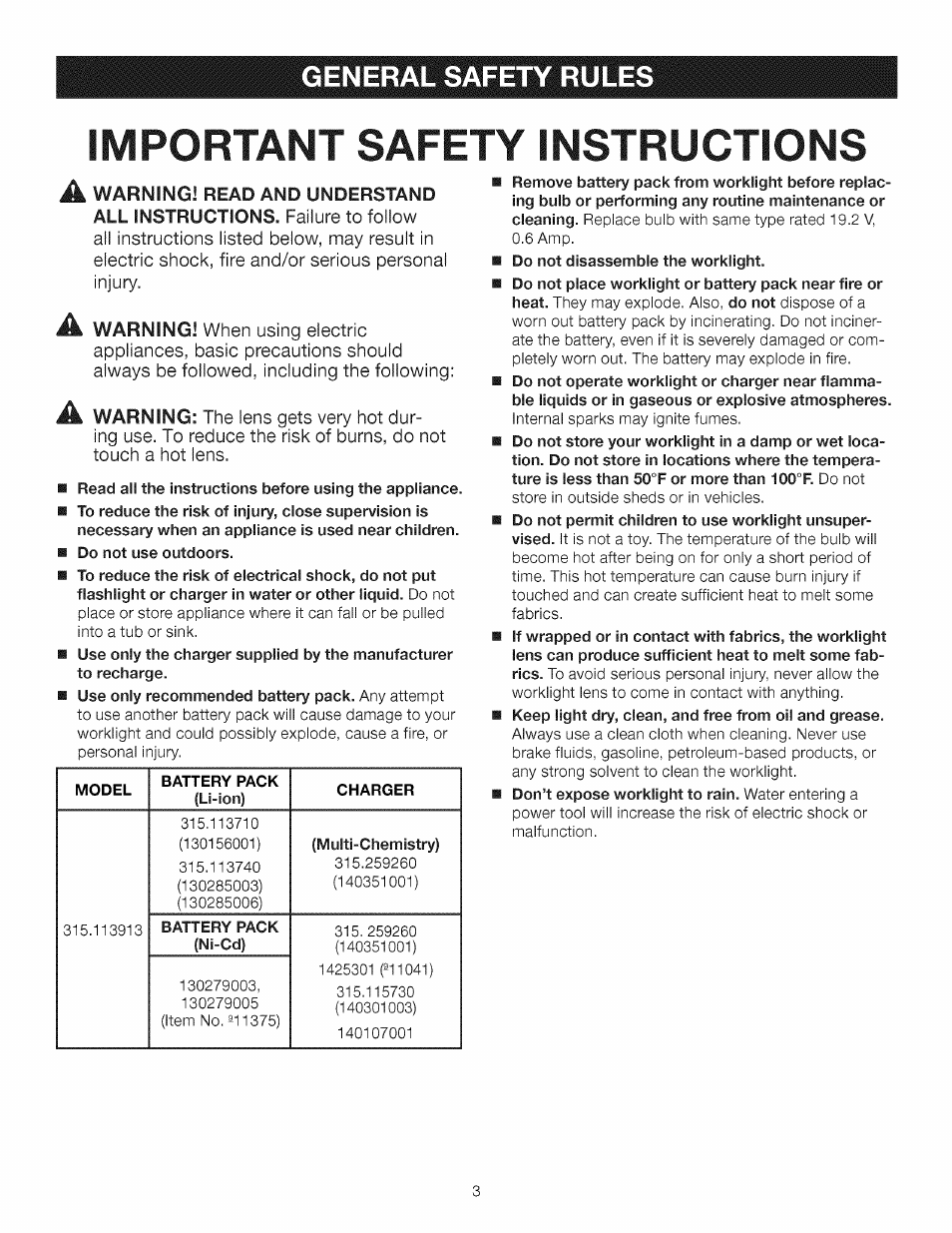 Important safety instructions, General safety rules | Craftsman 315.113913 User Manual | Page 3 / 8