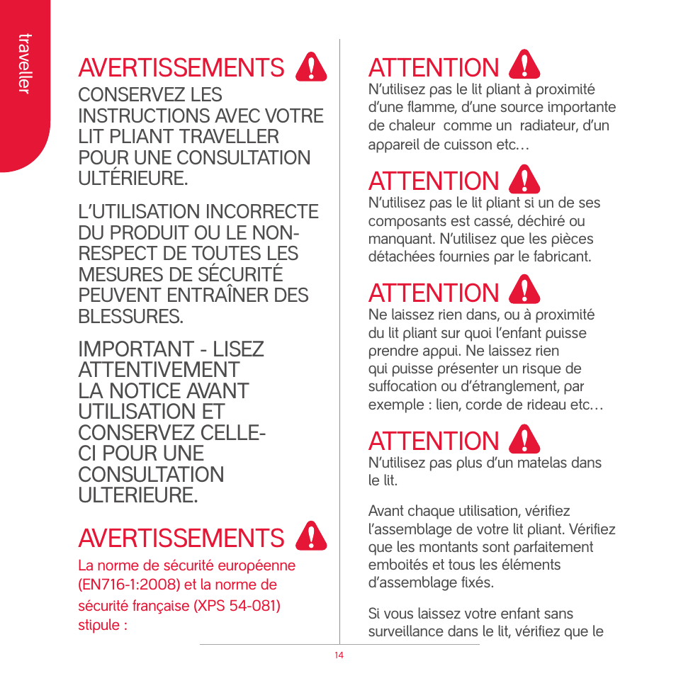 Attention, Avertissements | phil&teds traveller (pre-2013) User Manual | Page 16 / 43