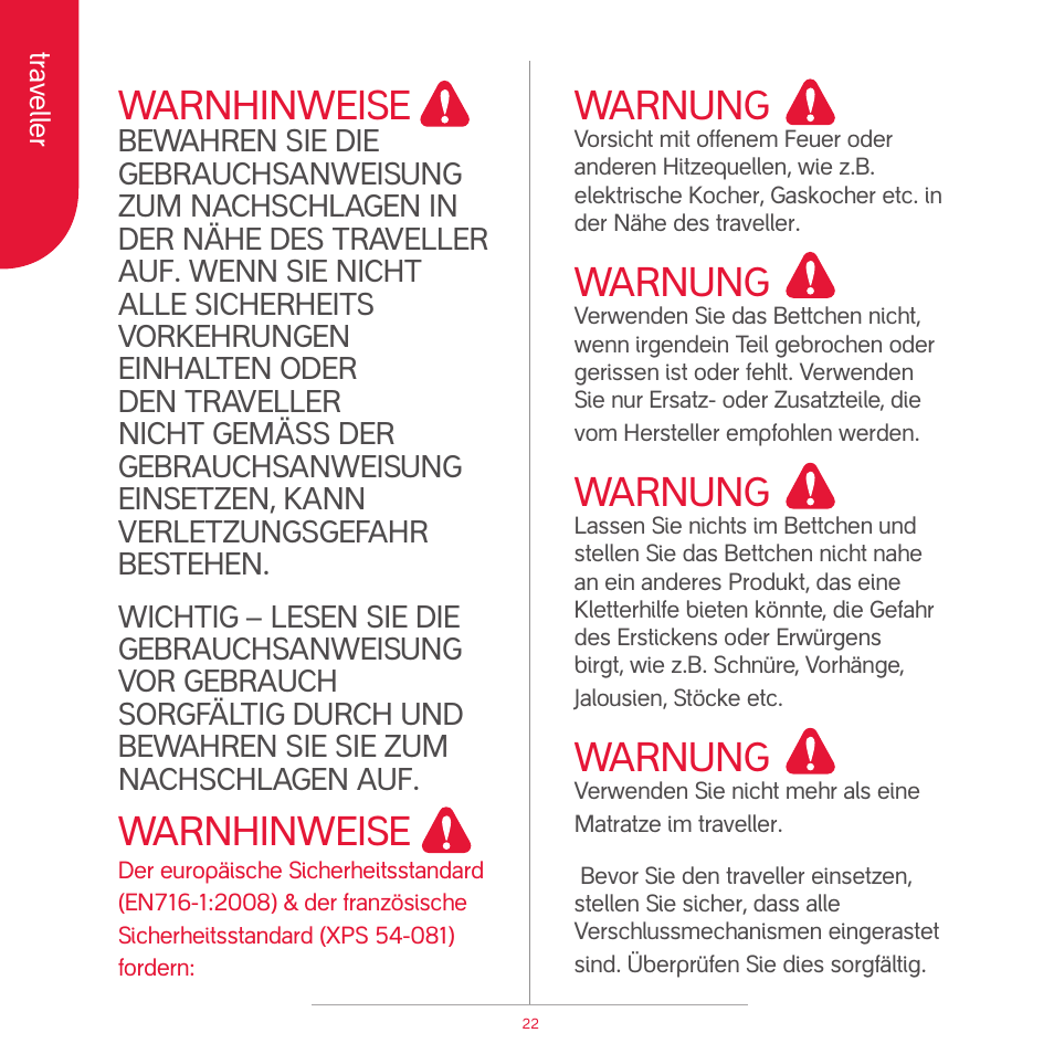 Attention, Warnung, Warnhinweise | phil&teds traveller (pre-2013) User Manual | Page 24 / 43