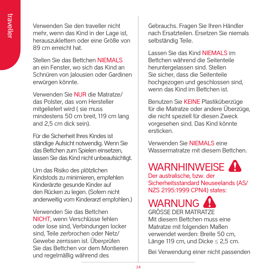 Attention, Warnhinweise, Warnung | phil&teds traveller (pre-2013) User Manual | Page 26 / 43