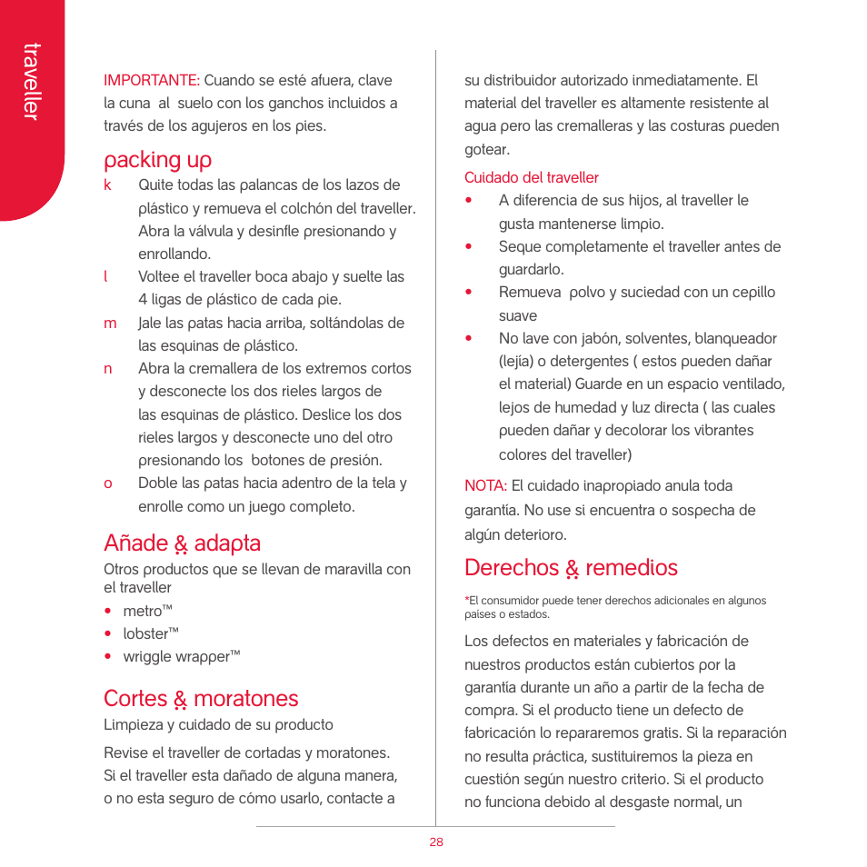 Traveller, Derechos ~ remedios, Packing up | Añade ~ adapta, Cortes ~ moratones | phil&teds traveller (pre-2013) User Manual | Page 30 / 43
