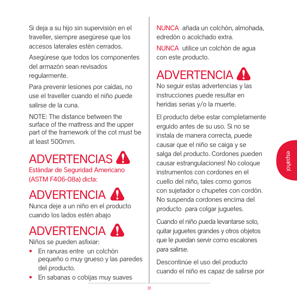 Attention, Advertencia, Advertencias | phil&teds traveller (pre-2013) User Manual | Page 33 / 43