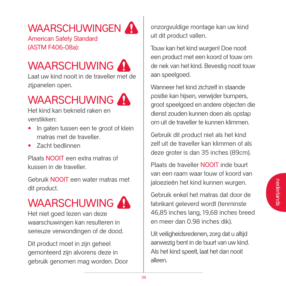 Attention, Waarschuwing, Waarschuwingen | phil&teds traveller (pre-2013) User Manual | Page 41 / 43