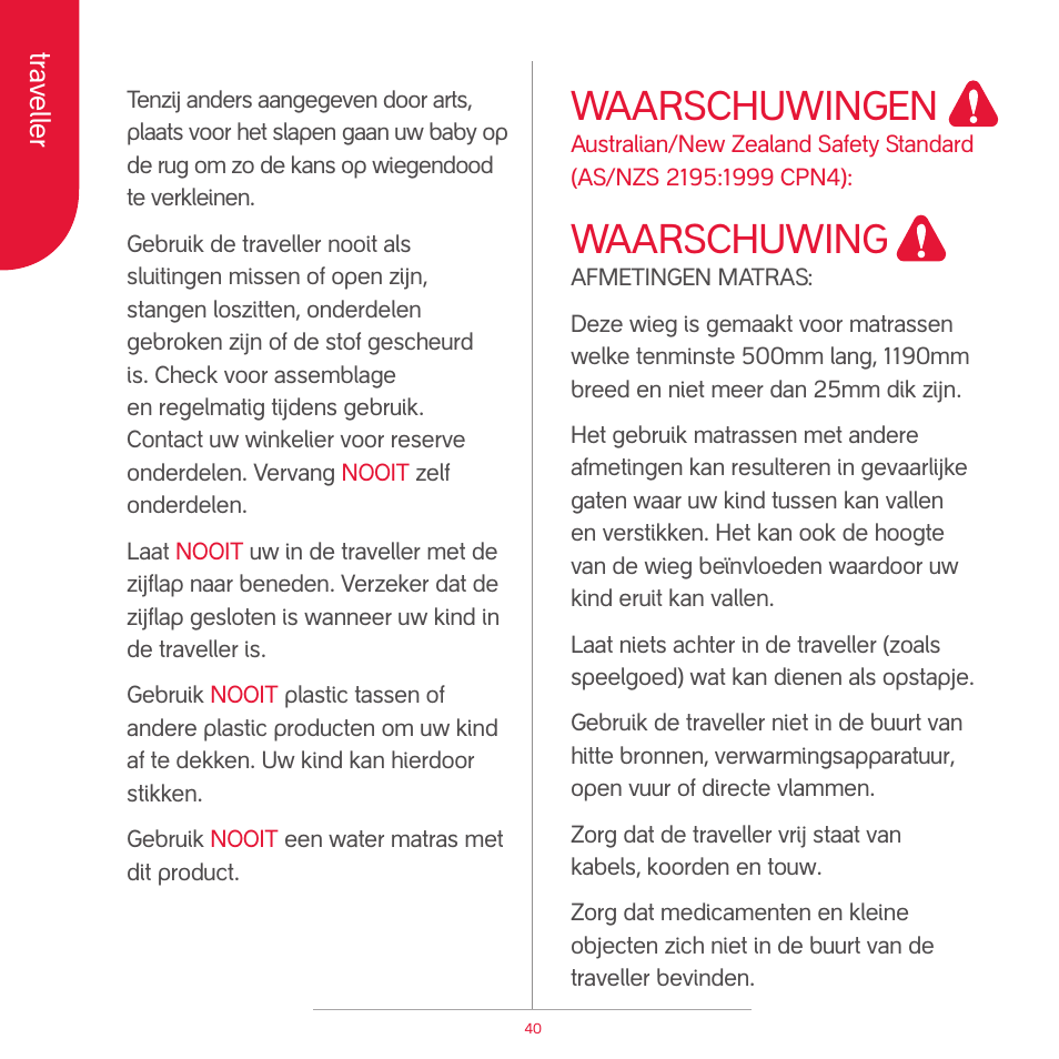 Attention, Waarschuwingen, Waarschuwing | phil&teds traveller (pre-2013) User Manual | Page 42 / 43