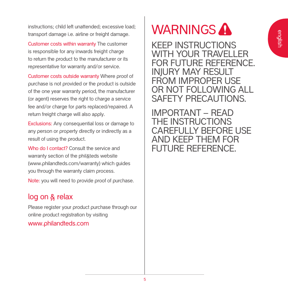 Attention, Warnings | phil&teds traveller (pre-2013) User Manual | Page 7 / 43