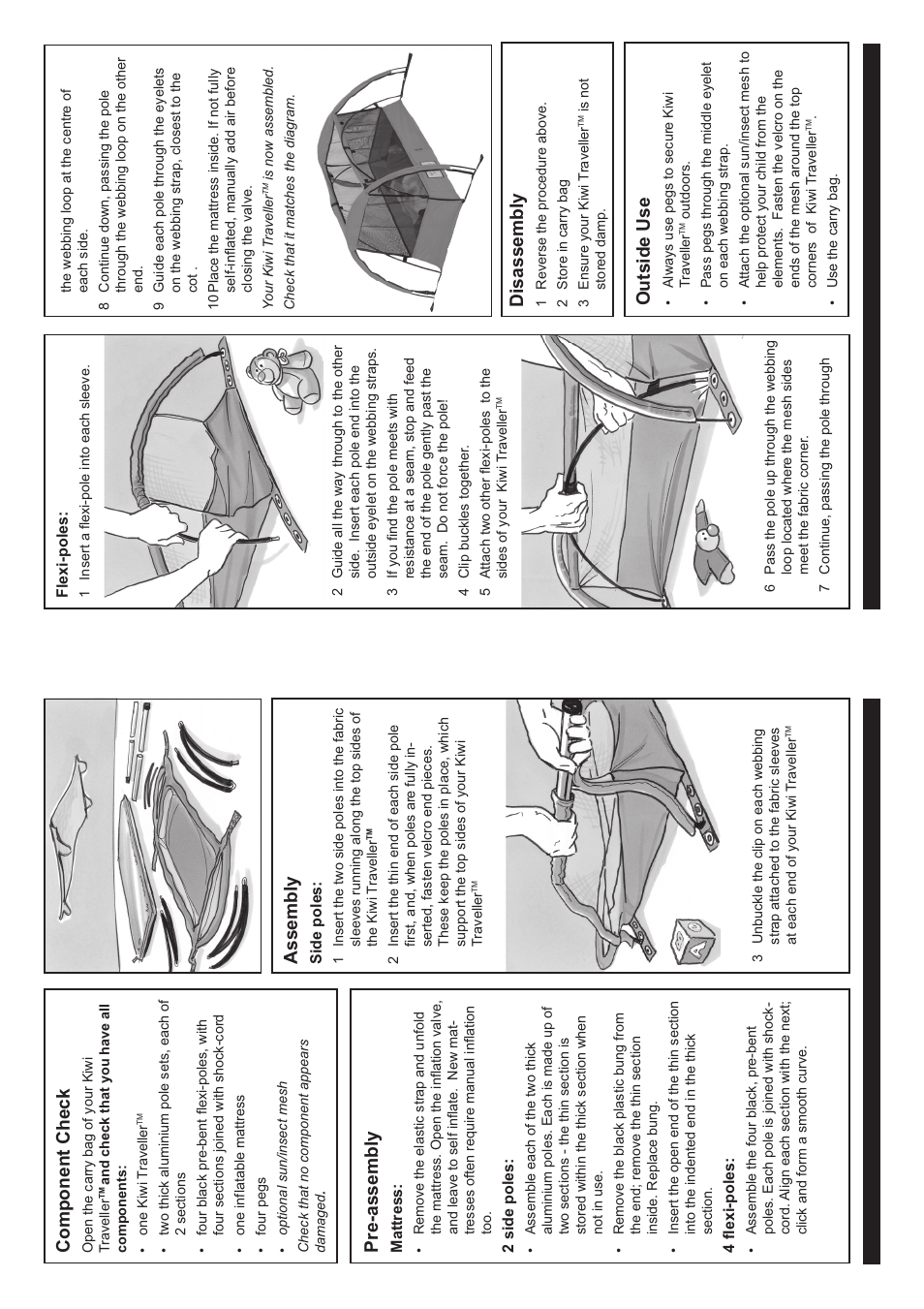 Component check, Pre-assembly, Assembly | Disassembly, Outside use | phil&teds kiwi traveller cot User Manual | Page 2 / 2