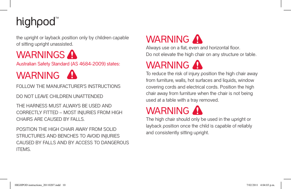 Attention, Attention attention attention, Highpod | Warnings, Warning | phil&teds highpod User Manual | Page 10 / 42