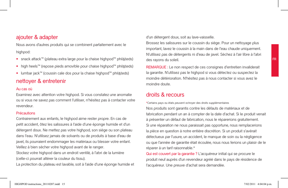 Ajouter & adapter, Nettoyer & entretenir, Droits & recours | phil&teds highpod User Manual | Page 15 / 42