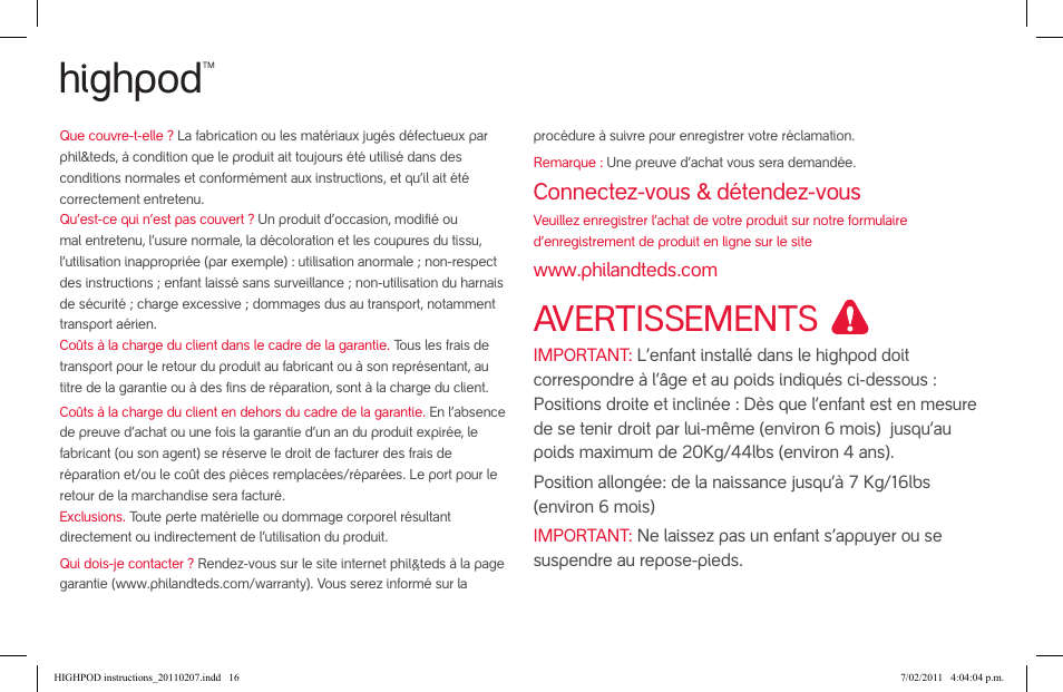 Attention, Highpod, Avertissements | Connectez-vous & détendez-vous | phil&teds highpod User Manual | Page 16 / 42