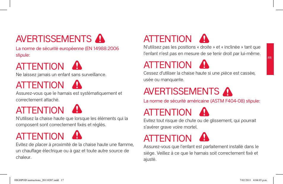 Avertissements, Attention | phil&teds highpod User Manual | Page 17 / 42