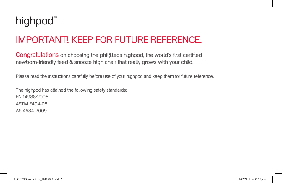 Highpod, Important! keep for future reference | phil&teds highpod User Manual | Page 2 / 42