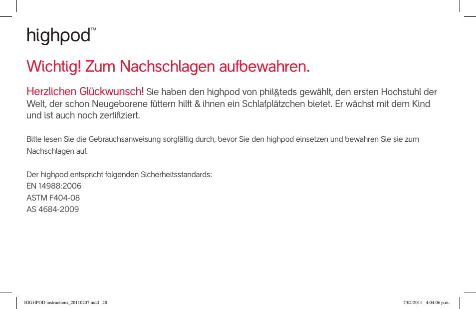 Highpod, Wichtig! zum nachschlagen aufbewahren | phil&teds highpod User Manual | Page 20 / 42