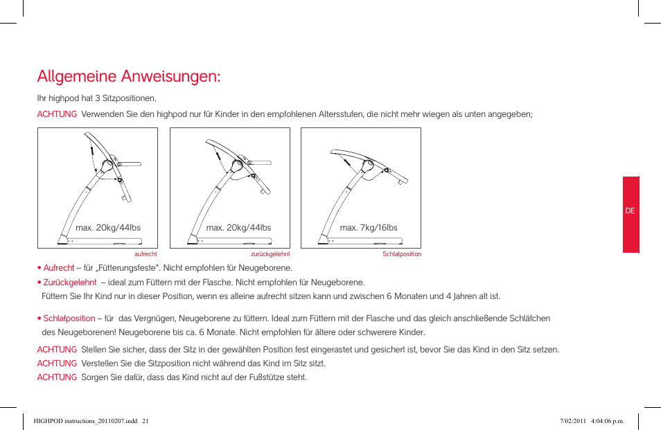 Allgemeine anweisungen | phil&teds highpod User Manual | Page 21 / 42