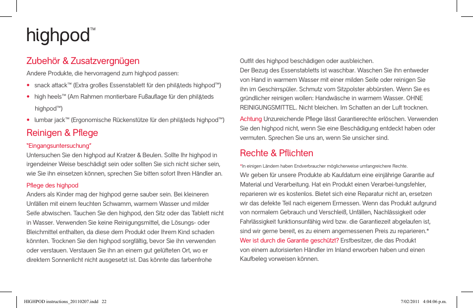 Highpod, Zubehör & zusatzvergnügen, Reinigen & pflege | Rechte & pflichten | phil&teds highpod User Manual | Page 22 / 42