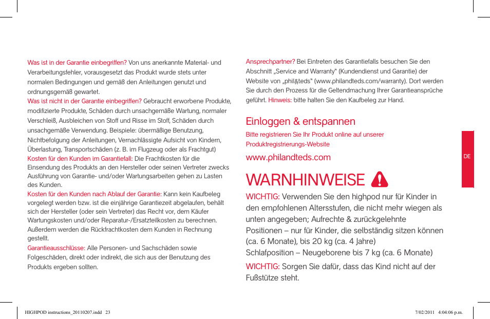 Attention, Warnhinweise, Einloggen & entspannen | phil&teds highpod User Manual | Page 23 / 42